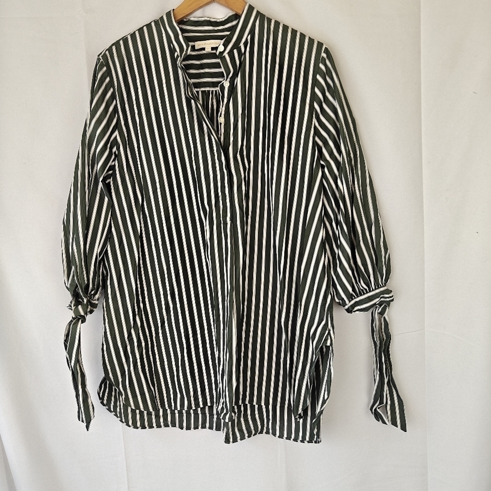 Ann Mashburn Quarter Button Up 3/4 Tie Sleeve Striped Shirt Size Medium Women's